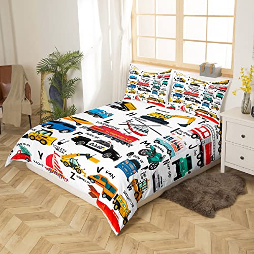 Loussiesd Excavator Kids Bed Cover Fire Truck Police Car Boys Duvet Cover Helicopter Motorcycle Ambulance Toddler Bedding Set Alphabet Vehicle Cars 2Pcs Bedding Single - Image 2