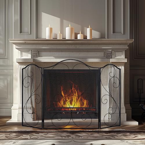 Image of Hogardeck Fireplace Screen, 3 Panel 48 inch x 30 inch Fireplace Cover for Living Room, Decorative Wrought Iron Fire Place Gate for Brick Fireplace, Baby Proof, Pet Safety