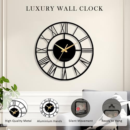 Image of Auromin Modern Metal Wall Clock for Living Room | Antique Silent Wall Watch for Bedroom, Drawing Room, Office, Kitchen, House and Hall | Fancy Stylish Large Wallclocks for Home Decor