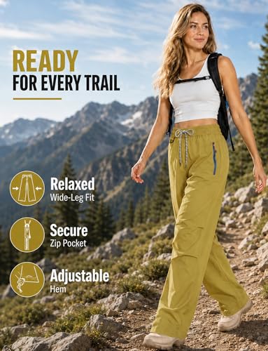 Image of FEOYA Hiking Pants Women Parachute Pants Baggy Quick-Dry Water-Repellent | with Zipper Large Pockets Outdoor Travel Cargo Pants Casual Wear