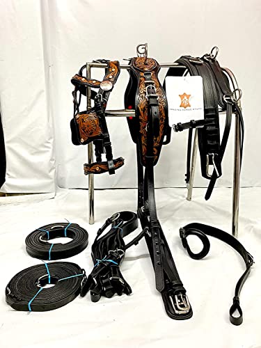 Antique Finished Leather Horse Driving Harness for Single Horse Cart | Stainless Steel Hardware | Tooled & Carved Leather | Copper Studs | (Pony, Black & Natural) - Thumbnail 2
