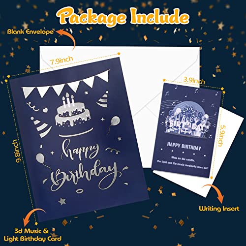 Image of INPHER Musical Birthday Card 3D Pop Up with Light Blow Out LED Candle and Plays Happy Birthday Music Surprise Greeting Cards Gifts for Women Navy Silver