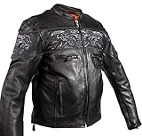 Mens Motorcycle High Visibility Savage Reflective Skull Gun Pocket Leather Jacket (7XL)