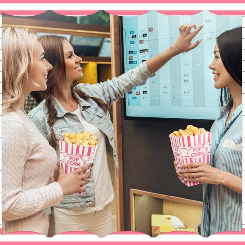 Image of Xinnun 100 Pcs Popcorn Boxes 32oz Classic Stripe Paper Buckets Disposable Oil Proof Popcorn Container Retro Open Top Box for Movie Night Supplies Theaters Carnival Birthday Party(Pink and White)