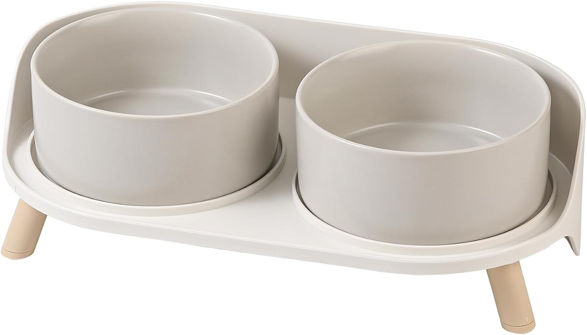 Elevated Ceramic Dog Bowl Set - Double Dog Feeding Bowls with Stand Splash Proof - Raised Dishes for Food and Water - Ideal for Small to Medium Dogs - 2 x 720 ml - 11.3 oz - Grey
