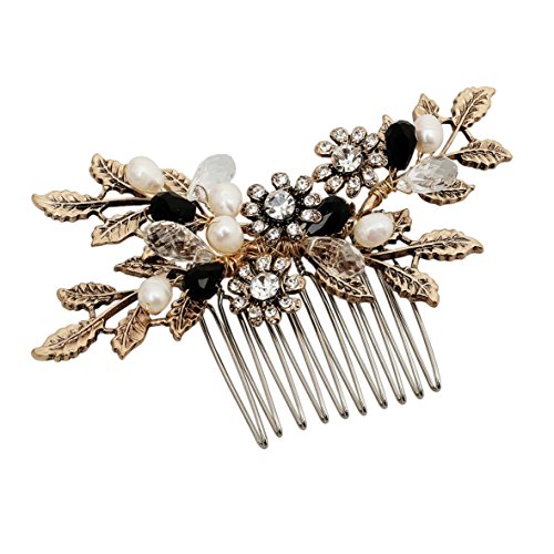 Vintage Black Flower Crystal Pearl Side Combs Bridal Headpiece Wedding Hair Accessories