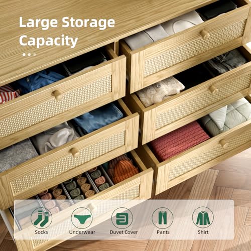 infurnic 6 Drawer Rattan Dresser for Bedroom, Modern Wooden Dresser Chest with Handles for Bedroom, Hallway and Living Room, Wood Oak