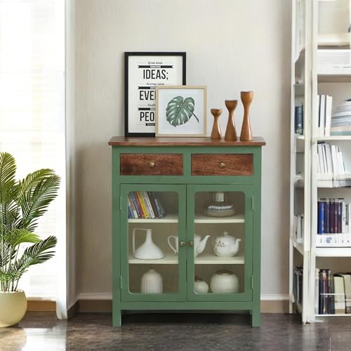Image of Solid Wood Madrid 2 Drawers Crockery Unit | Sideboard Cabinet | Glass Door Cabinet | Finish - Premium Olive Green & Off White