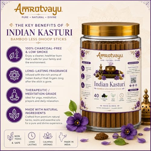 Image of Indian Kasturi Dhoop Sticks 4 inch 6mm Bamboo Less Incense for Pooja 40 Sticks | No Charcoal Sticks with Holder Stand | Fragrance for Home, Mediation Relaxation