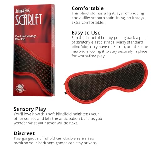Image of Adam & Eve Scarlet Couture Obey Me Blindfold, Soft Padded Eye Mask with Satin Lining, Dual Elastic Straps for Secure Fit, Vegan Leather with Red Trim, Sensory Deprivation for Bondage and Couples Play