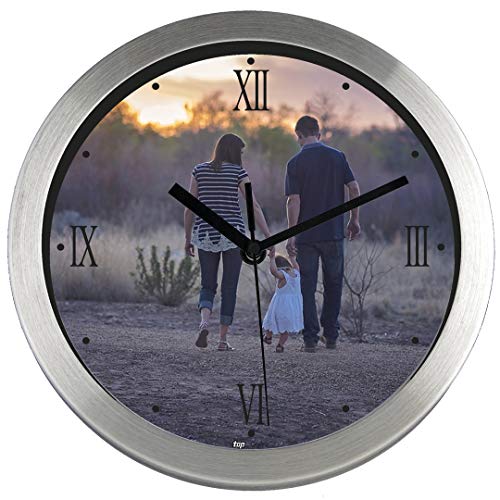 Gran Reloj de Pared PERSONALIZADO (con Logo, Foto o Imagen) · Carcasa de Aluminio Cepillado (Esfera C) · Mecanismo Silencioso · Reloj Cocina Pared con 4 Números Romanos · Incluye Caja Regalo