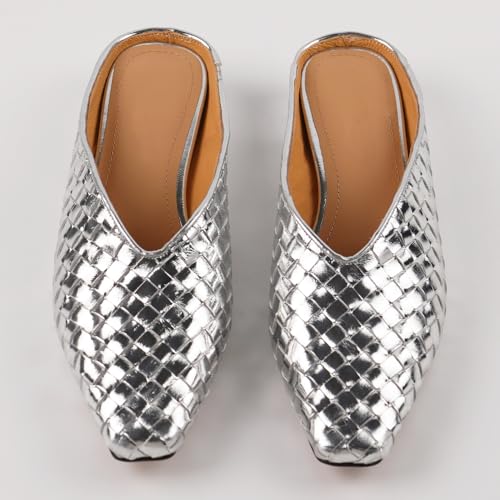 Image of Woven Mules for Women Slip on Comfortabke Metallic Slides Ladies Trendy Square Toe Hidden Wedge Mules