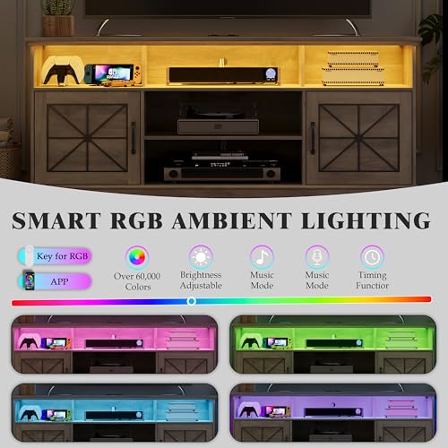 Image of Xixini Farmhouse TV Stand for 65 /60 /55 Inch Tvs, Rustic Entertainment Center with LED Lights and Power Outlets, Modern Media Console Table, Wood Television Furniture for Living Room, Bedroom, Grey