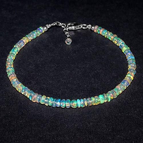 AA+ Natural Fire Ethiopian Opal Gemstone Full Beads Dainty Bracelet, Birthstone, Healing Stones Beads Premium Gift Jewelry in Silver Plated Chain 8 inch, 3-4 mm - IFGART-89