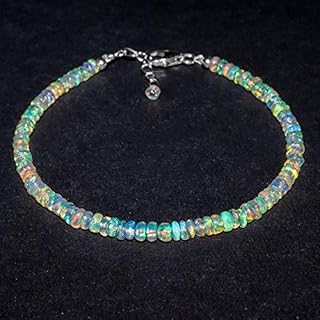 AA+ Natural Fire Ethiopian Opal Gemstone Full Beads Dainty Bracelet, Birthstone, Healing Stones Beads Premium Gift Jewelry in Silver Plated Chain 8 inch, 3-4 mm - IFGART-89