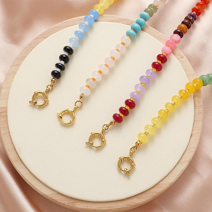 Natural Stone Beaded Necklace for Women - Boho Handmade Choker with Colorful Beads, 14K Gold Plated Circular Buckle - Surfer Beach Summer Jewelry Gift - Image 5