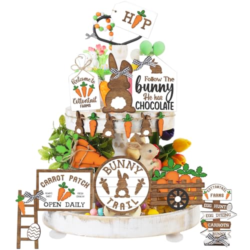 Marsui Easter Tiered Tray Decor Happy Easter Tiered Tray Ornament Rustic Farmhouse Spring Sign Bunny Truck Gnome Egg Wooden Sign for Home Table Decor(Carrots)