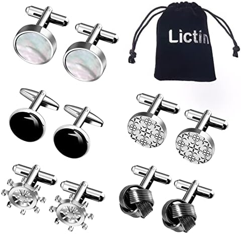 Lictin Men's Cufflinks Cuff Links for Men, Stainless Steel Tuxedo Shirt Cuff Links Set, Men’s Jewelry or Accessories for Business, Wedding, 5 Pairs,Round