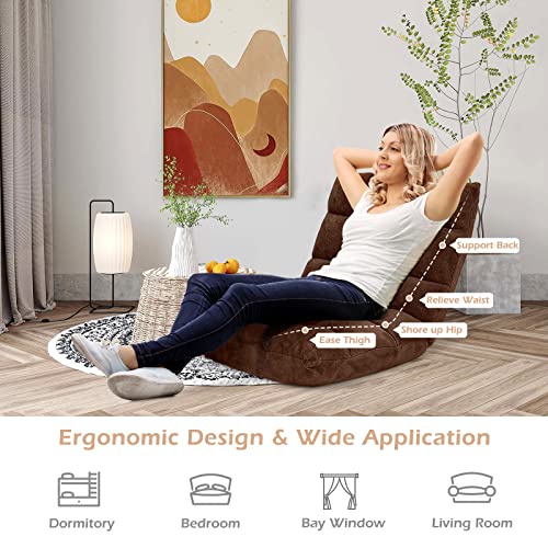 Image of COSTWAY Adjustable Floor Chair, Video Gaming Chairs with Back Support, Alloy Steel Frame, Soft Coral Fleece, Lazy Sofa Lounge for Reading Living Room Recliner for Adults Kids, Brown