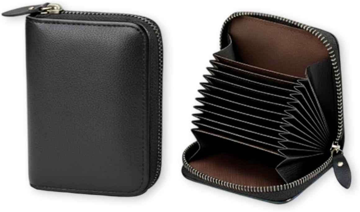 THARX RFID Blocking Leather Credit Card Holder with 13 Card Slots, Top Grain Textured Cowhide Small Zipper Wallet for Women and Men, Compact ID and Cash Holder for Travel Business (Black)
