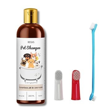 Pet Shampoo Set with Tooth Brushes, 200 ml, All-in-One Wash with Kernal Oil and Keratin