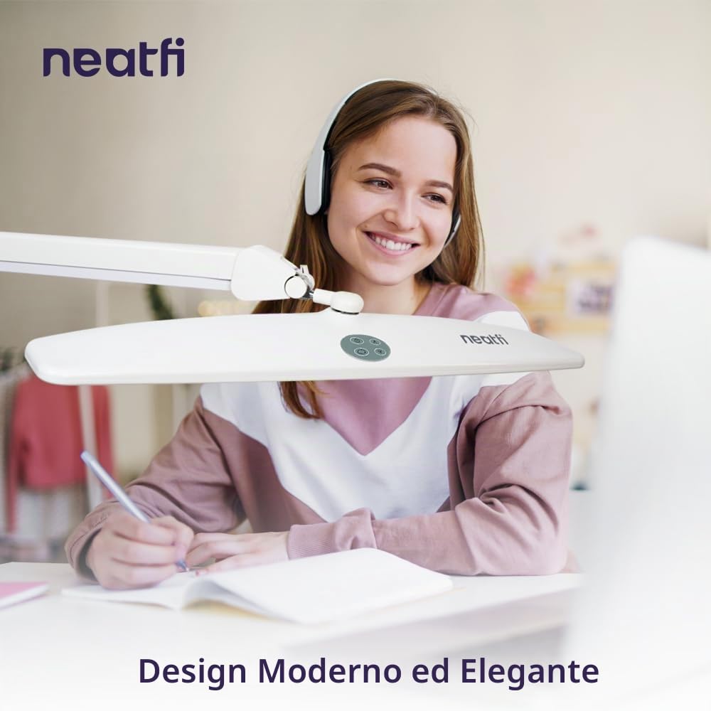 Neatfi Elite HD XL Lampada da Scrivania | Testa da 56 cm | 2.260 Lumen | 3 Modalità di Temperatura Colore | Lampada LED con Regolazione Continua della Luminosità (Bianco, 58cm Paralume Largo)