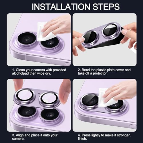Image of Choiche Camera Lens Protector for iPhone 17 6.3-Inch, Full Coverage 9H Tempered Glass Ring Cover, Matte Metal Plate, Case Friendly, 1-Pack (Purple)