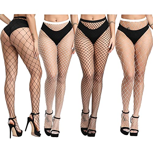 Notherss 4 PCS Womens High Waist Tights,Fishnet Stockings For Women, Black and White Fishnet Stockings,Halloween Gifts