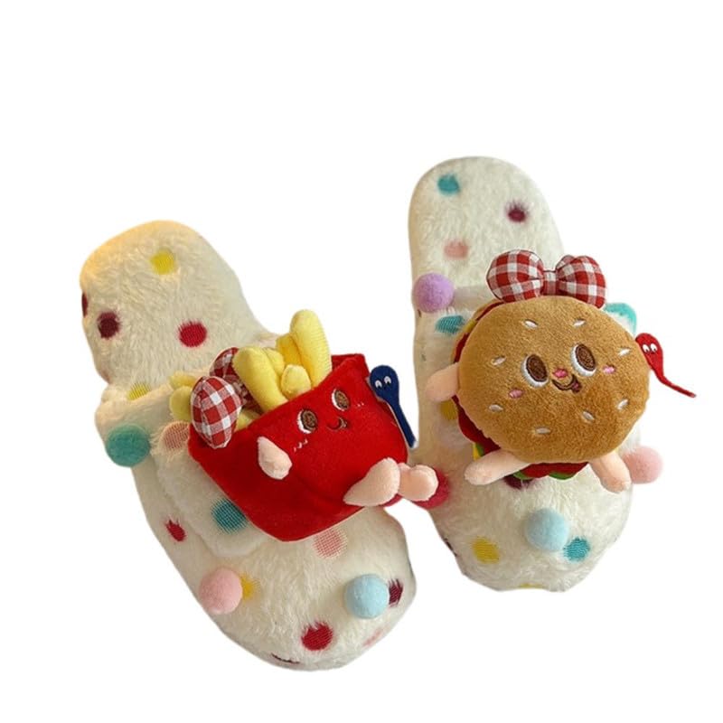 Burger & Fries Furry Slippers - Women's Indoor Winter Warm Plush Novelty Slippers
