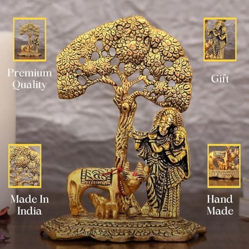 Statue Radha Krishna divine avec vache et veau sacrée pour maison