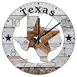 Autravelco Silent Wall Clock Battery Operated Non Ticking Analog Texas Lone Star Home Map Farmhouse Wall Clocks American Texas Gifts Woodgrain Home Decoration for Girls Room Office Gym 10 Inch