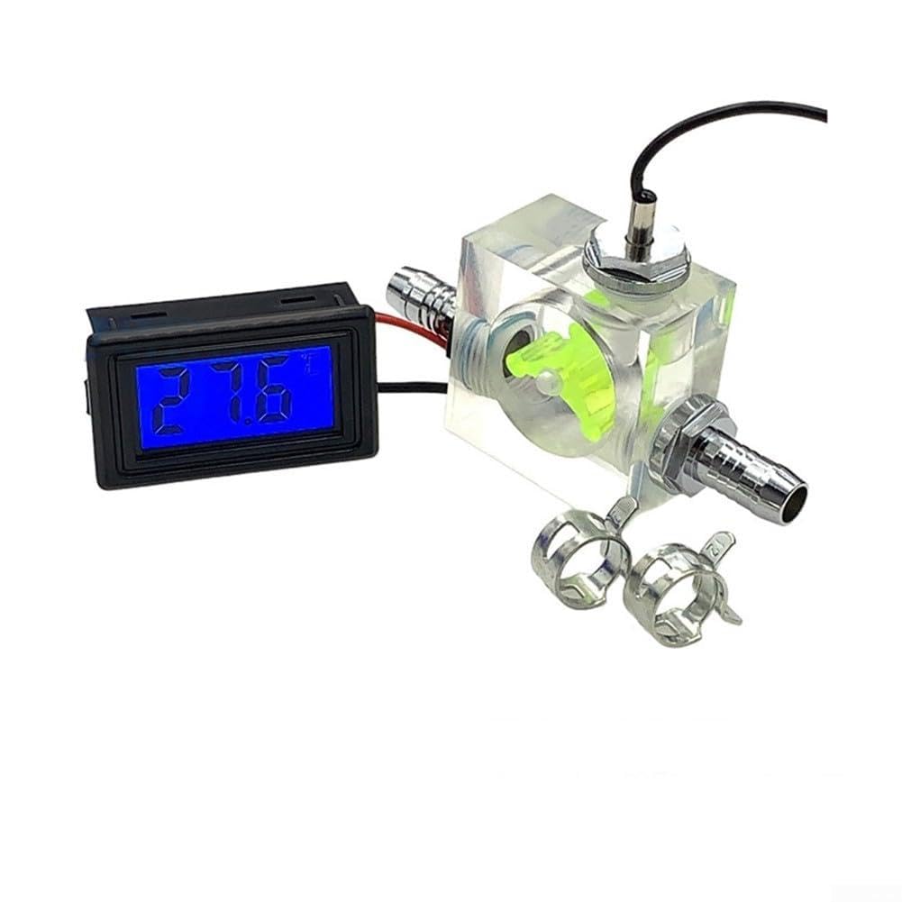 Three-Way Flow Meter with LED Thermometer - For Water Cooling System, Acrylic Liquid Cooler Gauge with Pagoda Clip Connectors and Hose Clamps(green numbers)