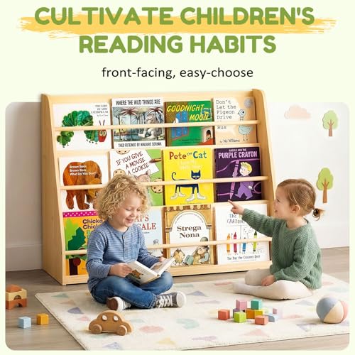 Image of XiaZ Kids Bookshelf, 3-Tier Wooden Montessori Display for Toddlers | Solid Pine Wood, Stable Trapezoid Base, Rounded Corners, Front Display, Compact, Holds 40-60 Books, Easy 20-min Assembly