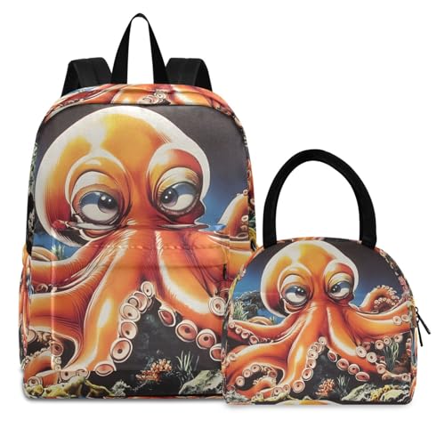 Backpack Lunch Box Set Large Capacity Travel Backpacks and Insulated Lunch Bag for Commute Hiking Picnic Cute Octopus Print