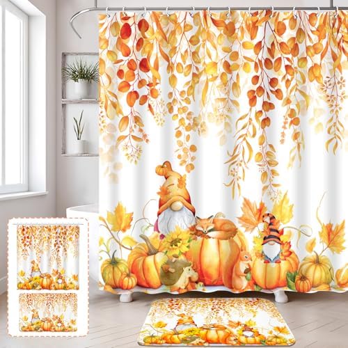 Lutto Fall Shower Curtain for Bathroom, Fall Bathroom Set with Shower Curtain and Rugs, Thanksgiving Pumpkin Shower Curtains for Bathroom Decor, 72 X 72 Inch
