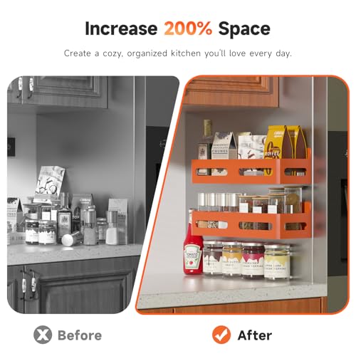 Image of Sevenblue 4-Pack Magnetic Spice Rack for Refrigerator with Hooks, Orange | Strong multipurpose magnetic shelf for kitchen & bathroom organization. Includes 4 removable hooks for hanging items.
