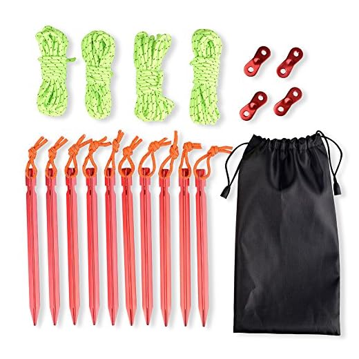Jteng - Piquetas para tienda de campaña, 10 unidades, de aleación de aluminio, para estacas de uñas, 18 cm, ancla de suelo y 4 unidades, luminosas, reflectantes, cuerdas tensoras, 4 m y bolsa