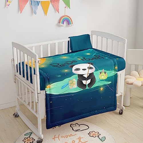 Image of Crib Bedding Set, 3pcs Nursery Crib Bed with Comforter Sheet & Skirt, Cute Panda Frog Printed for Baby Boys and Girls
