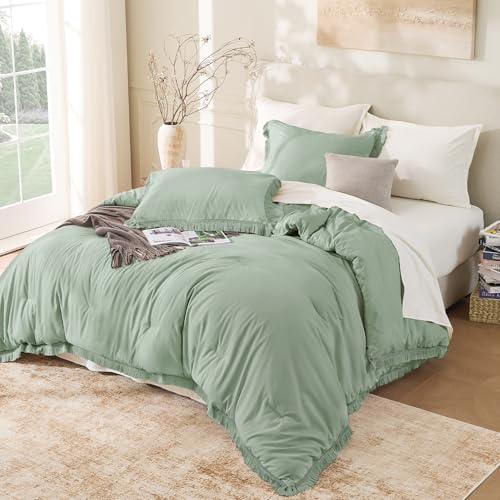 Image of Andency Twin Comforter Set Sage Green, 2 Pieces Kids Comforter Sets for Boys Girls Teens, Boho Tassel Lightweight Winter Fluffy Bed Set (66x90In Comforter & 1 Pillowcase)