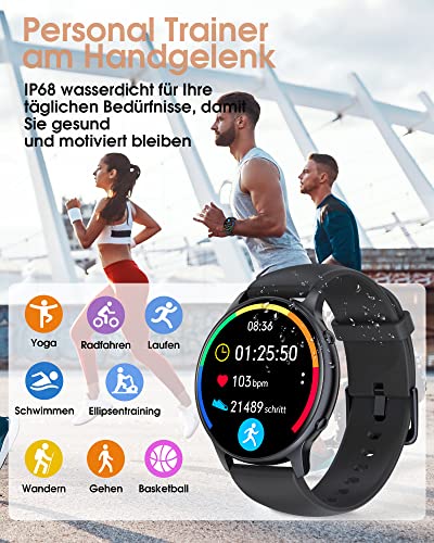 Smartwatch Herren, 1,3 Zoll Touchscreen Smart Watch Damen, IP68 Wasserdicht Smartwatches Schrittzähler mit Herzfrequenz,Whatsapp, SpO2, Schlafmonitor, für iOS und Android – Bild 3