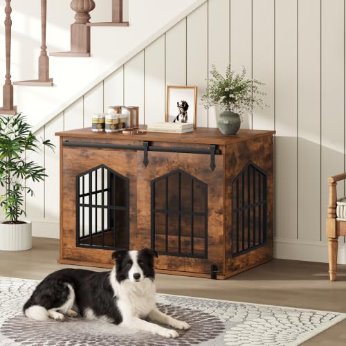MAHANCRIS Dog Crate Furniture, 31.5" Farmhouse Dog Kennel with Sliding Barn Door, Wooden Dog Cage for Small Medium Dogs, Decorative Pet House Side End Table, Chew-Resistant, Rustic Brown DCHR9601 - Image 2