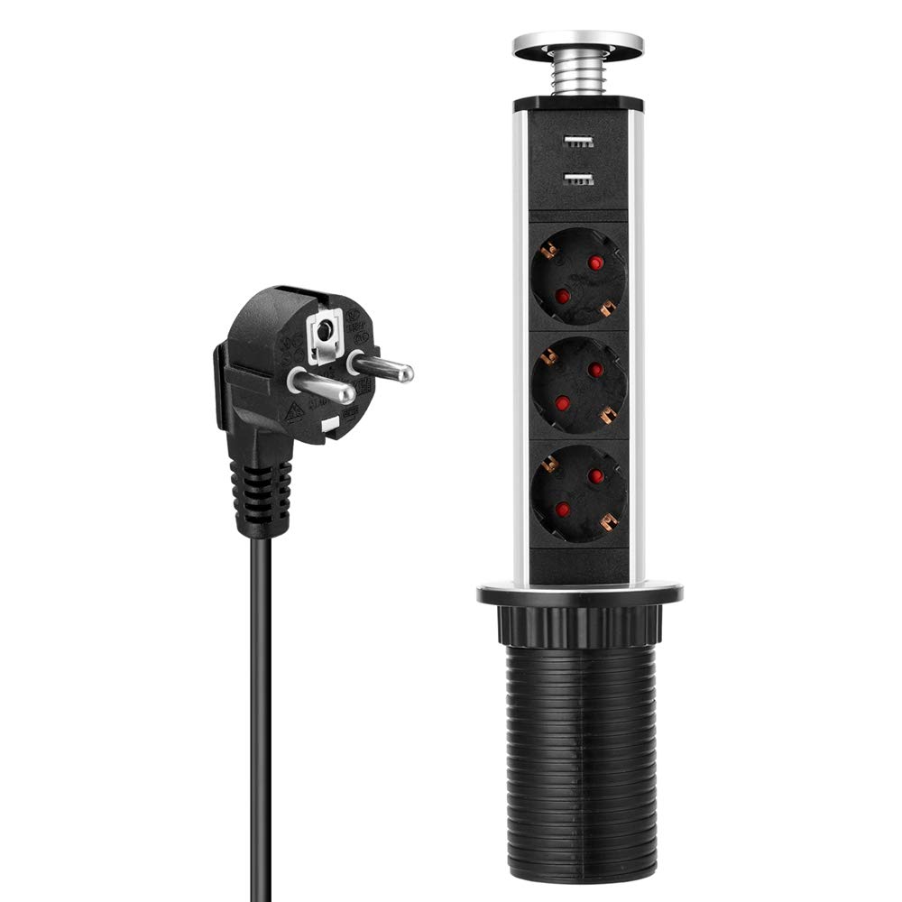 Pop Up Outlet, Tensile Type Pop up Power Desktop Worktop Kitchen Electric Socket with 3-Outlet Power Socket 2 USB Port Charger for Office, Meeting Room, Home