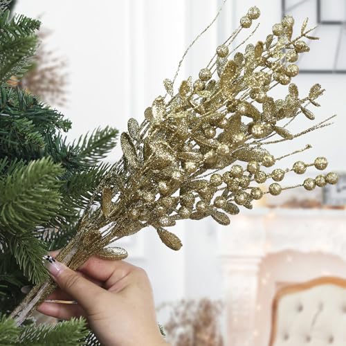 CristBest 24-Pack Christmas Tree Picks Ornaments, Artificial Glitter Berry Stem Glittery Twigs Ornaments for Christmas Tree Decorations, Small Vase, Holiday, Wedding, Party Decorations (Gold) - image 5