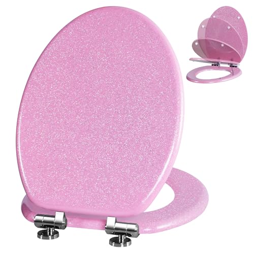 Angol Shiold Glitter Toilet Seat Molded Wood Elongated Toilet Seat with Quietly Close and Quick Release Hinges Easy to Clean also Easy to Install (Elongated 18.5 Pink)