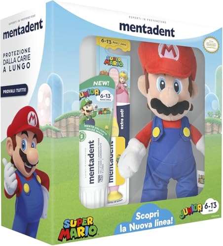 Mentadent, Super Mario Junior, Kit Plush, Spazzolino e Dentifricio Bambini 6-13 Anni, Personaggio a Sorpresa, Dentifricio Bambini Gusto Menta Delicata, Spazzolino Bambini, Ideale per Denti dei Ragazzi