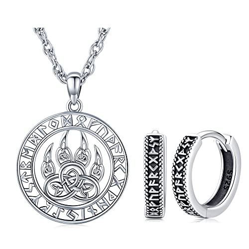 Odinstone Viking Necklace Norse Viking Runes Hoop Earrings for Men Women 925 Sterling Silver