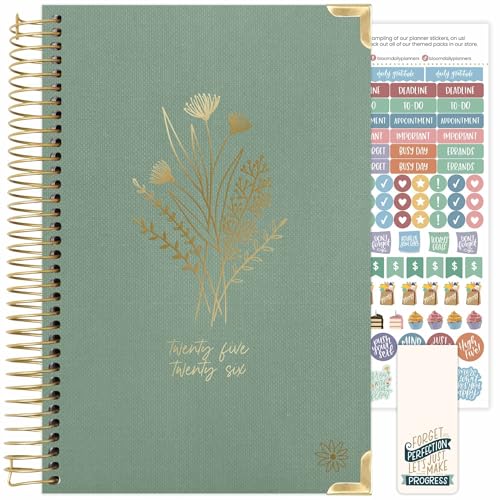 bloom daily planners HARDCOVER Planner 2025-2026 (5.5” x 8.25) Academic Year (July 2025 - July 2026) - A5 Task Goal Organizer - Monthly & Weekly Inspirational Agenda Book - Green Linen