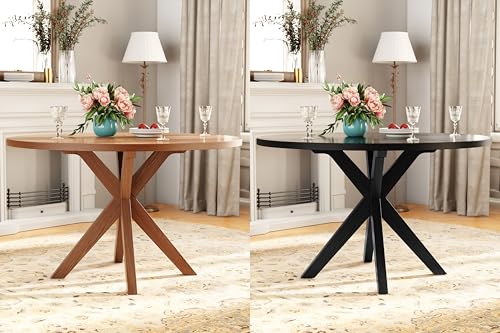 Image of Solid Wood Round Dining Table for 4-6, Wooden Intersecting Pedestal Base, Rustic Round Dining Room Table for Home Dining Room, Kitchen, Living Room