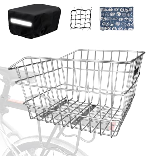 Large Stainless Steel Bike Basket Rear, [Tool-Free Install], Bike Rack Basket for Dog Pet, Bike Cargo Basket, Bicycle Basket for Back of Electric Bike Ebike, with Waterproof Cover, Cargo Net