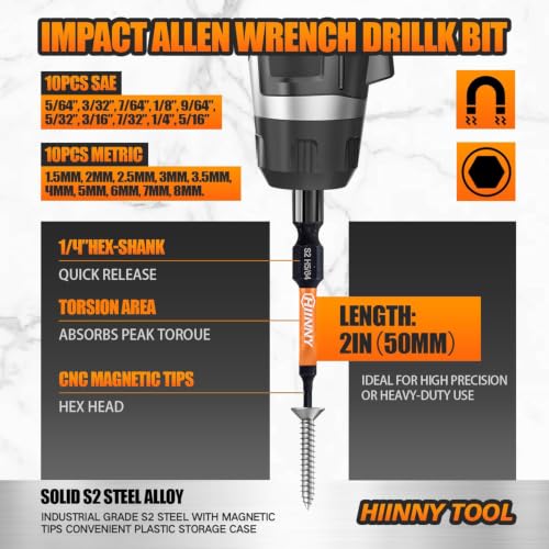 Image of Impact Allen Wrench Drill Bit Set,20PCS 2 inch Hex Bit Set(Metric & SAE), 1 /4 inch Hex-Shank S2 Steel,Impact Driver Bit Set, Magnetic CNC Tips for Drill & Driver with Storage Box